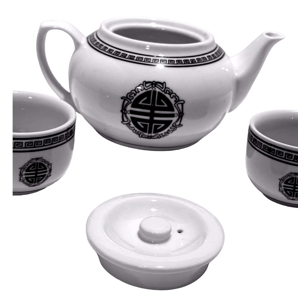 Asian Tea Set Teapot with 2 Cups‎ Oriental Design White Porcelain - Picture 5 of 15
